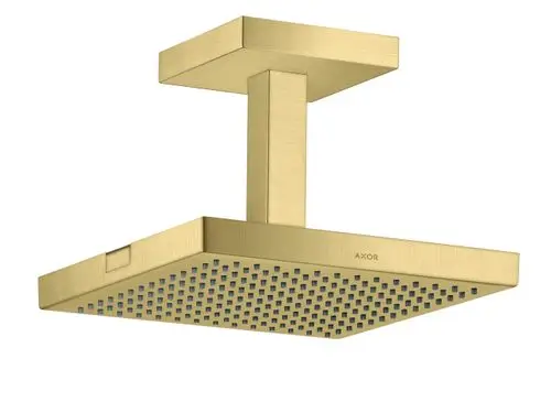 Kopfbrause mit Deckenanschluss in gebürstetem Messing von AXOR, quadratische Form mit Düsenmuster zur Wasserverteilung.